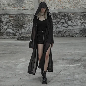 

PUNK RAVE Women Extra-long Wizard Hat and Suntan Suit Chiffon Chicken Eye Ring Design Handsome Personality Lengthen Thin Coat