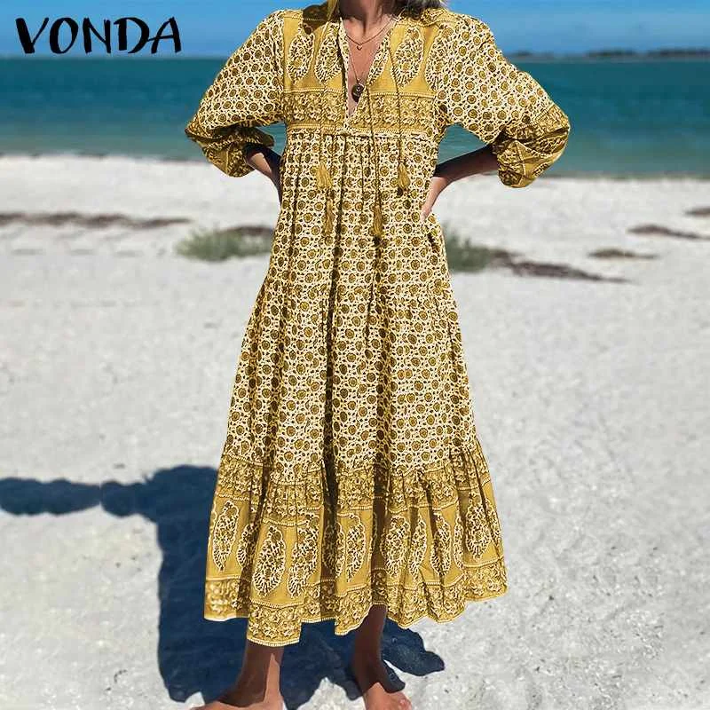 VONDA 2021 Summer Dress Women Vintage Pleated Long Dresses Casual Long