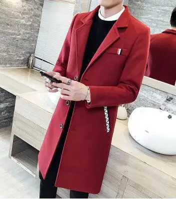 red Британский стиль, мужские тренчи, красные длинные пальто, мужские винтажные осенние длинные пальто, шерстяные куртки с двойным воротником, приталенные, зима - Цвет: red