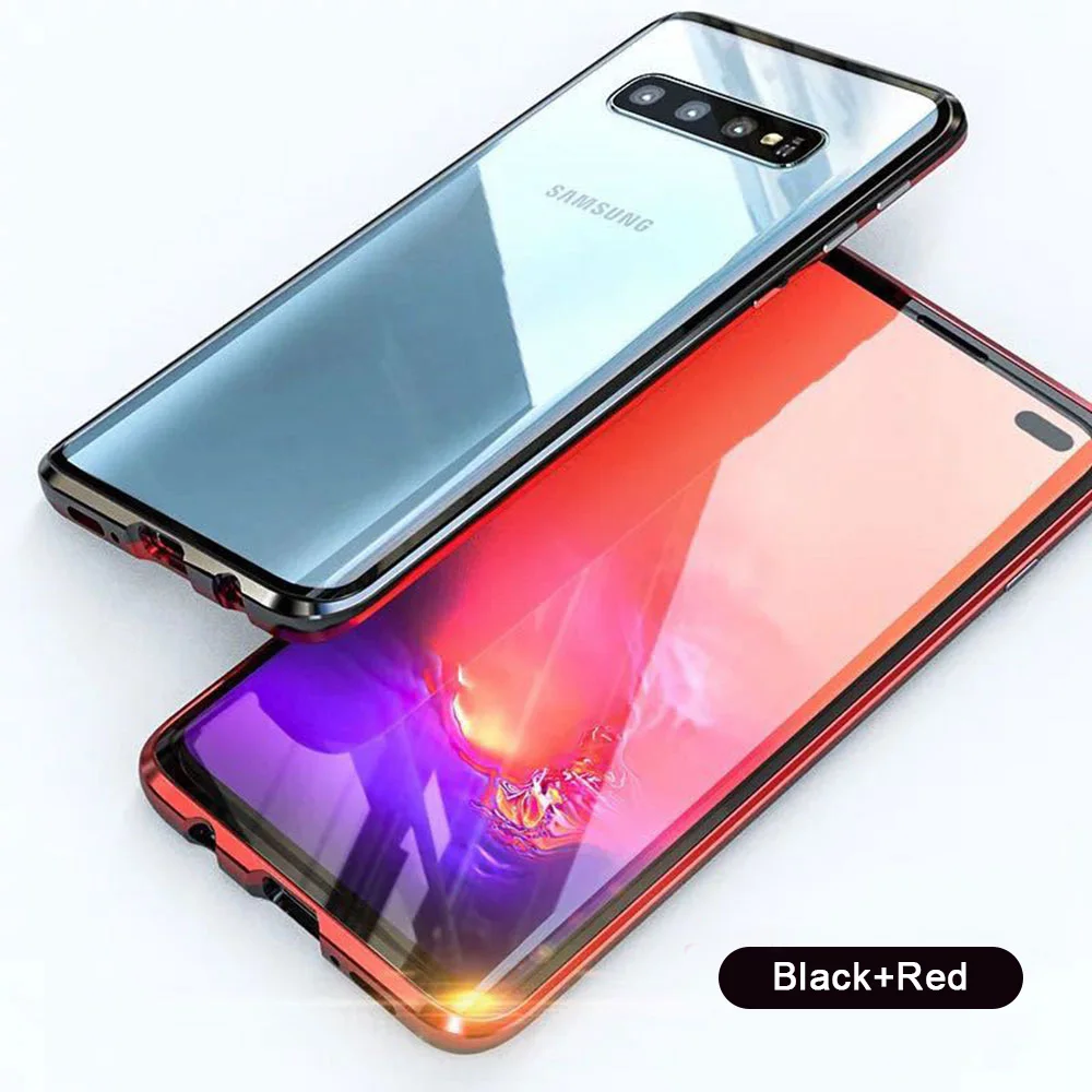 Магнитный металлический стеклянный чехол с полным покрытием для samsung Galaxy S10 5G S8 S9 S10 Plus Note 8 9 10 pro защита экрана из закаленного стекла - Цвет: red balck