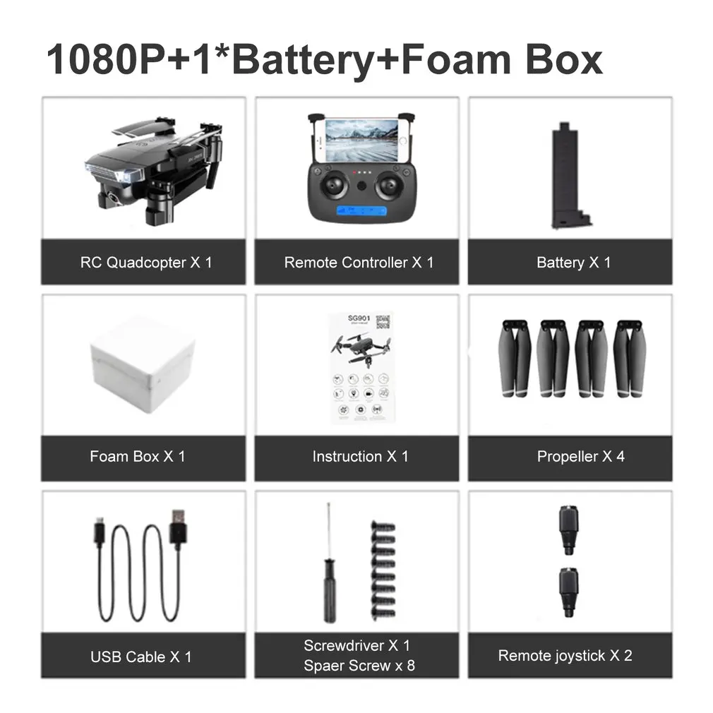 1080P 1B Foam Box Новинка SG901 камера Дрон 4K HD Двойная камера дроны следуют за мной Квадрокоптер FPV Профессиональный длительный срок службы батареи - Цвет: 1080P 1B Foam Box