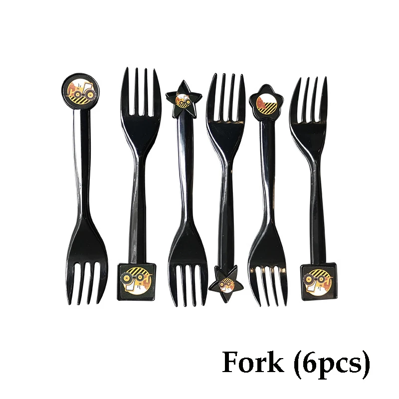 fork 6pcs Тема экскаватора вечерние одноразовые столовые приборы строительные транспортные средства соломинки тарелки Дети День рождения украшения вечерние принадлежности - Цвет: fork 6pcs