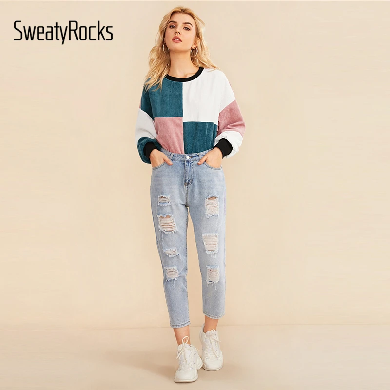 SweatyRocks Contrast Neck and Cuff Cut-and-sew Corduroy Pullover Autumn Active Sweatshirts Casual Leisure Women Sweatshirt