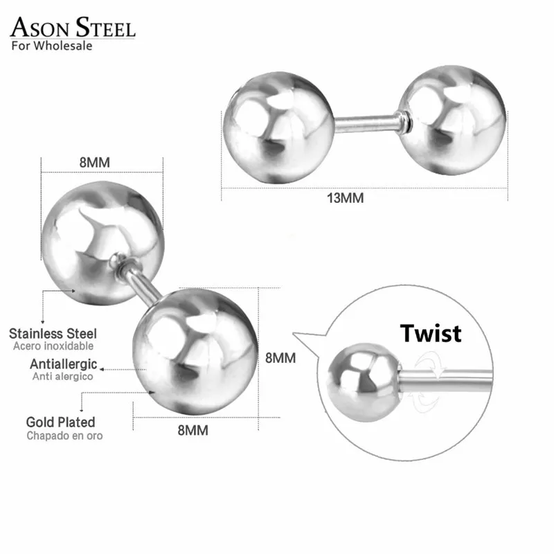 Асон сталь золото/серебро Цвет Размер 8 мм нержавеющая сталь серьги с винтовой застежкой для женщин и мужчин двойной шар антиаллергенный