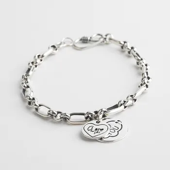 

100% 925 sterling silver bracelet women's retro punk love round card pendant silver bracelet fashion girl luxury jewelry