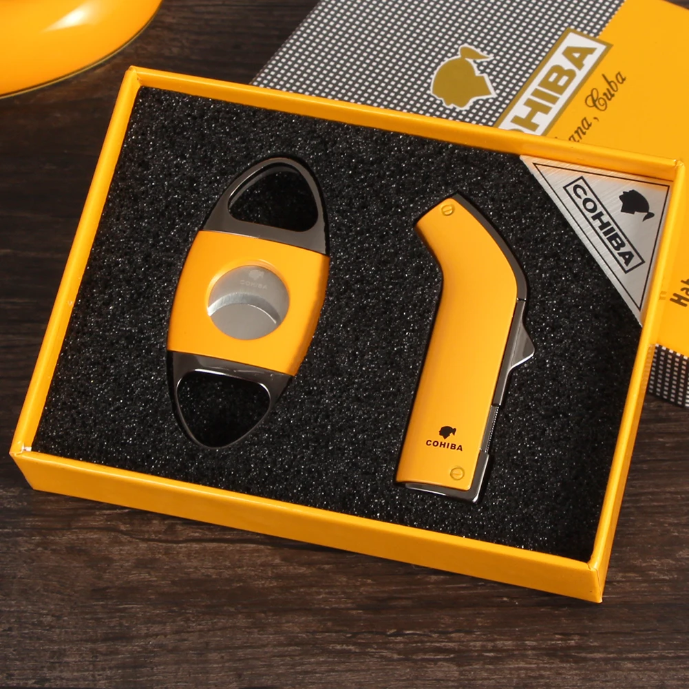 

COHIBA Cigar Accessories Lighter Cutter Set Butane Gas 2 Torch Jet Flame Cigar Lighter Metal Cigar Cutter Sharp Blade Guillotine