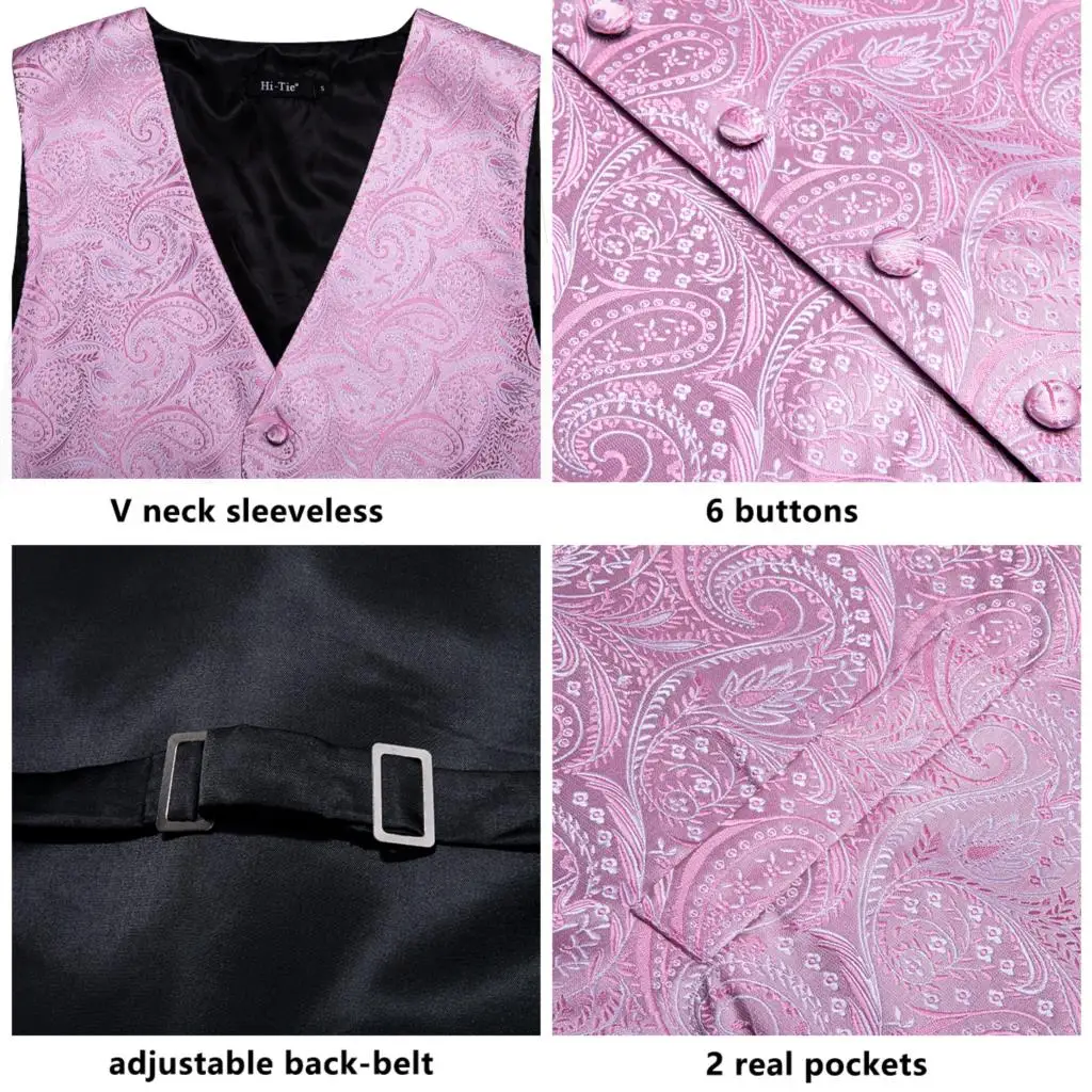 Hi-Tie Silk Mens Suit Vests Pink Paisley 4PC Woven Waistcoat Tie Pocket Square Cufflinks Set Business Wedding Dress Waist Jacket casual blazer for men