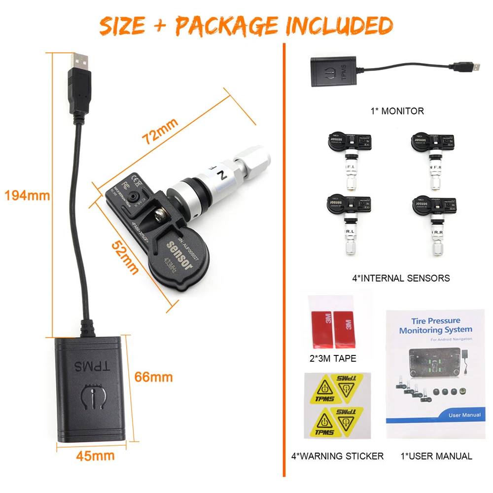 Система контроля давления в шинах TPMS беспроводная система с 4 внешними датчиками
