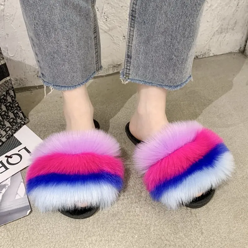 

Party Fur Slippers Women Fox Fur Slides Furry Flat Sandals Female Cute Fluffy Shoes Woman Home Flip Flops Luxury Women Shoes