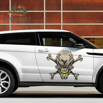 

EARLFAMILY 43cm x 35cm Forkull Gold Teeth Scary Cross Bones Car Sticker Windows Decals Windshield Decoration Air Conditioner