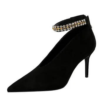 

Sexy high heels V-mouth rhinestone pointed banquet shoes fashion womens shoes Spring and autumn Ladies shoes black heels obuv