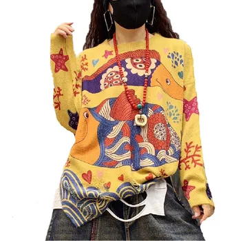 

New 2019 Autumn Korean Ladies Knitted Tops Tees Yellow Womens Loose Fish Printed Long Sleeve Shirts Warm Clothes AA254S30