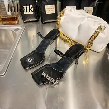 

Summer Fashion Rhinestones Crystal Women Gold Black Sandals Clip Toe High Heels Square Head Elastic Back Strap Ladies Party Shoe
