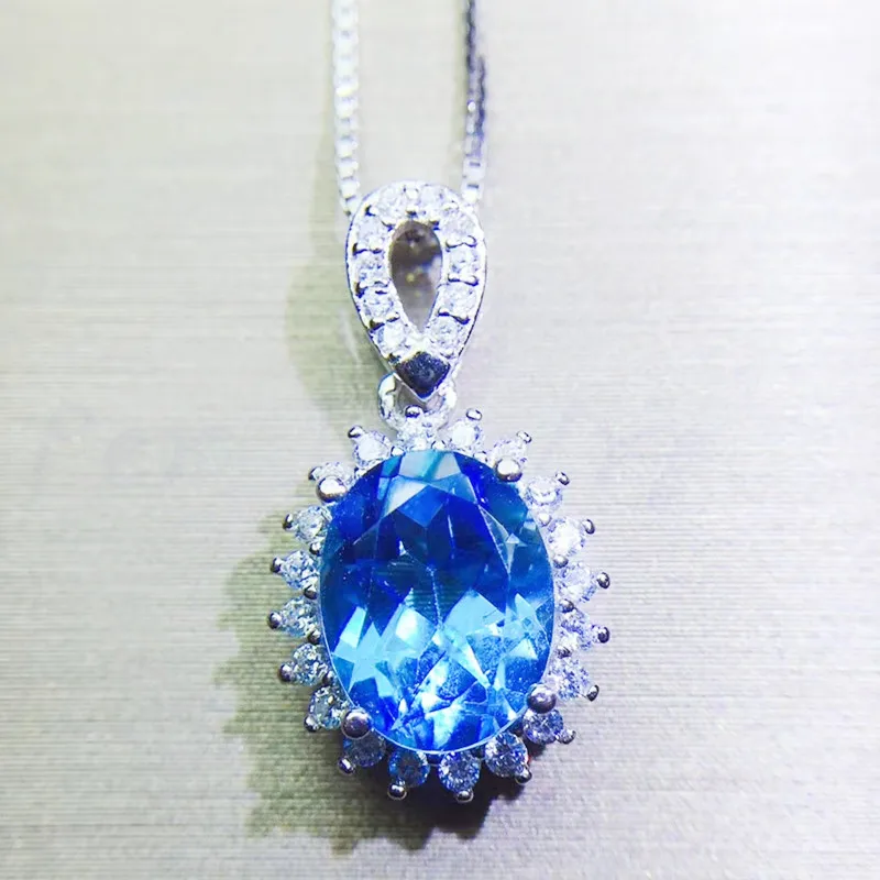 Натуральное Настоящее ожерелье из голубого топаза подвеска 3.5ct драгоценный камень Серебро 925 пробы для мужчин и женщин Q910248