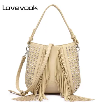 

LOVEVOOK brand fashion tassel shoulder bag vintage handbags high quality rivet messenger bags for women 2020 high quality