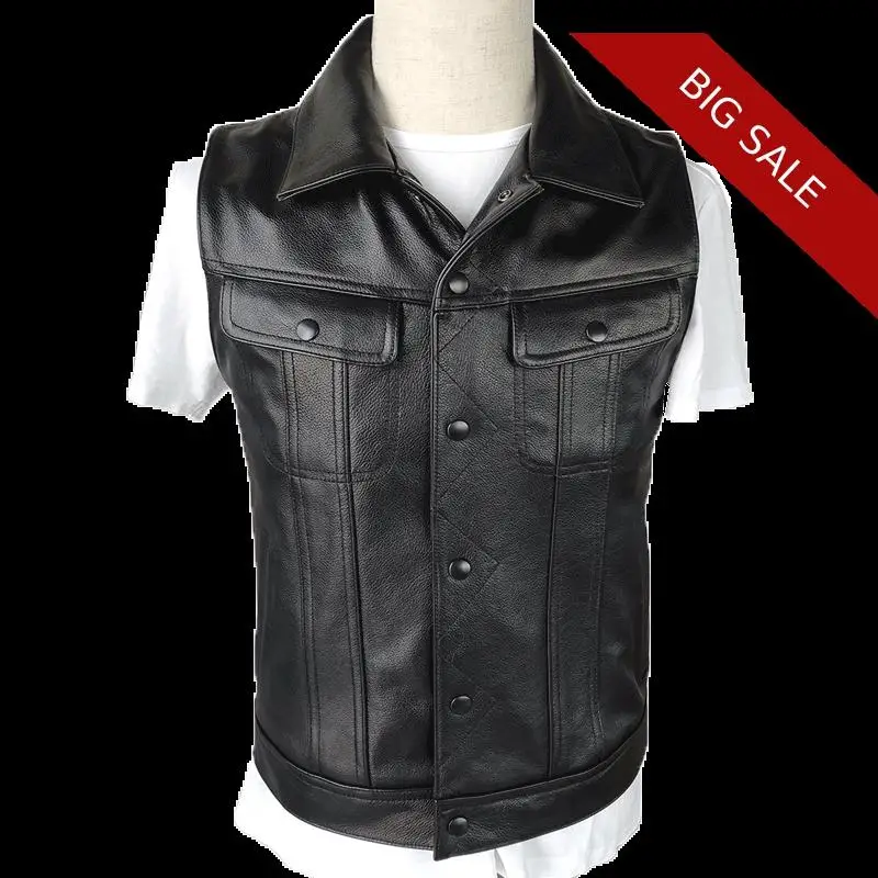 

2020 Black Men Fashion Casual Leather Vest Single Breasted Plus Size 4XL Genuine Cowhide Russian Slim Fit Leather Vest