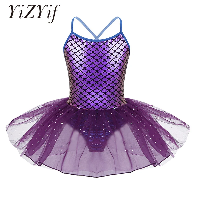 

Kids Girls Glitter Mermaid Costume Ballet Tutu Dress Scales Pattern Printed Ballet Dance Gymnastics Leotard Dress Dancewear