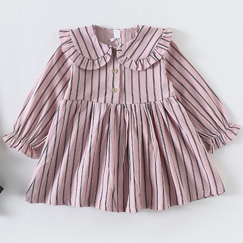 

2019 Autumn Korean Style Sweet Dress For Girls Striped Cute Dress Girl Ruffled Collar Child Princess Dress Cotton Long Sleeve Dr