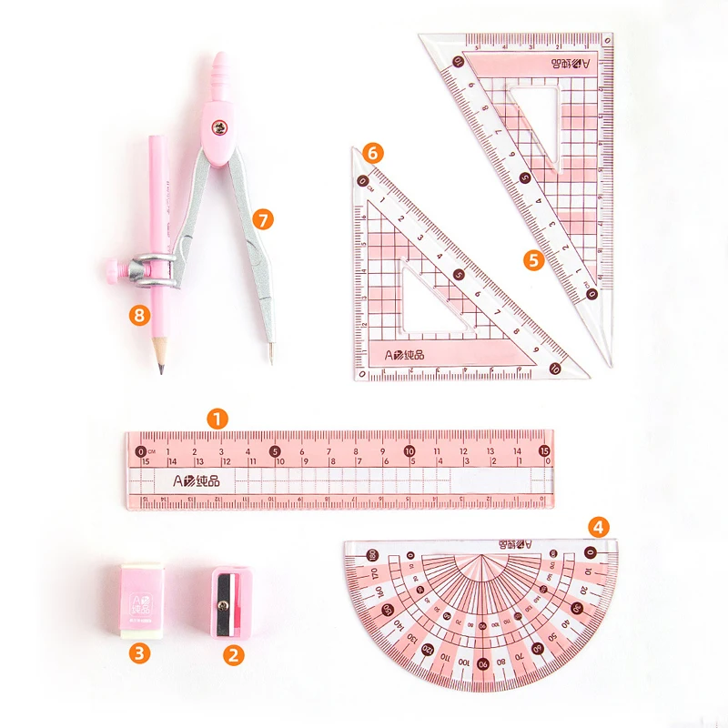 8pcs/Set Creative Ruler Sets For Students Stationery Pencil Sharpener Eraser Compass Exam Draw Tools School Office Supplies New