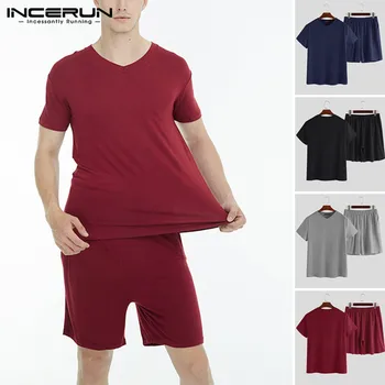 

INCERUN Man Comfortable Pajamas Set 2020 Summer Solid Color Home Set Short Sleeve Sleepwear Suit Couple Casual Nightshirt Sets