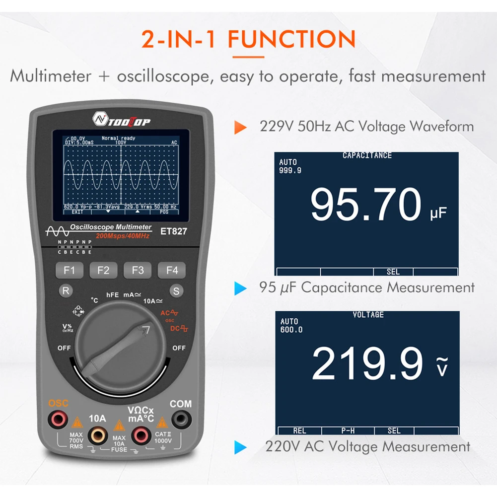 

ET827 40MHz Digital Oscilloscope Overload Protection Tools 200Msps HD Screen Accurate Handheld Multimeter 2 In 1 Battery Powered