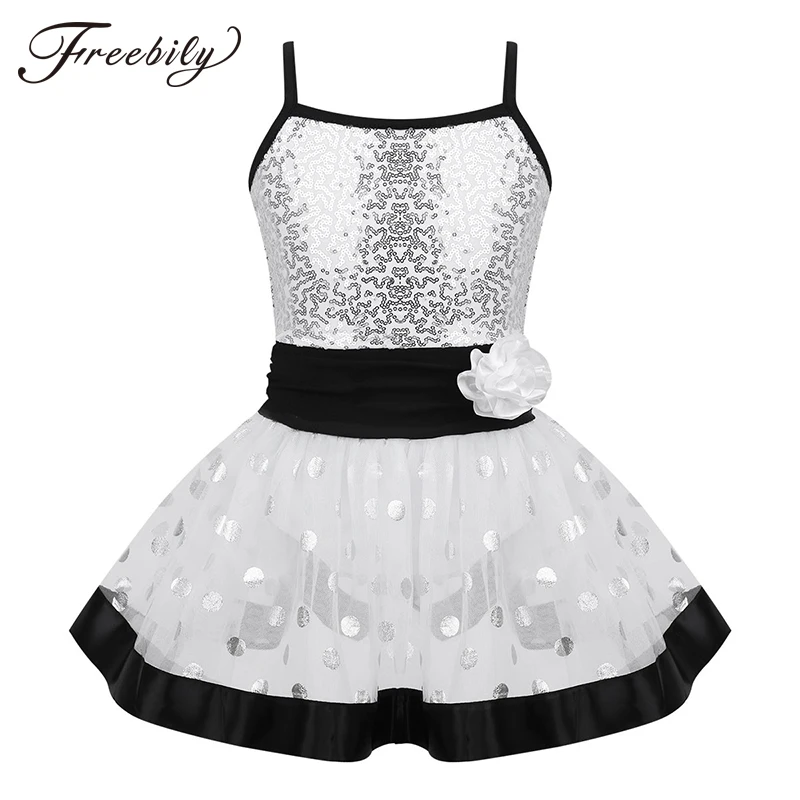 Kids Girls Sequins Flower Polka Dots Professional Ballet Tutu Leotard Dress Skating Gymnastics Leotard Child Stage Dance Costume