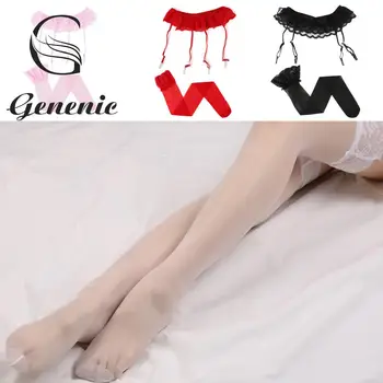 

Hot 1 Set Fashion Women Sexy Lace Soft Top Thigh-Highs Stockings + Suspender Garter Belt Summer Lady Black Solid Stocking Set