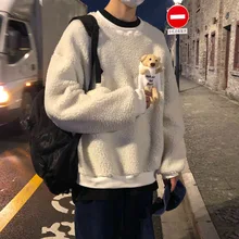 

Lamb Wool Fashion Bear Sweatshirt Man New Black Loose Casual Pullover 2021 Spring Autumn Warm Oversize Sweatshirt Cartoon Sytle