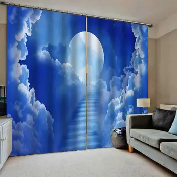

High quality custom 3d curtain fabric Blue night sky white cloud moon Photo 3D Curtains for Living Room Window