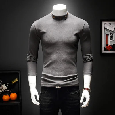 Брендовая дизайнерская Высококачественная Мужская футболка осень зима негабаритная футболка Половина Водолазка Толстая с длинным рукавом мужские топы C14 - Цвет: Серый