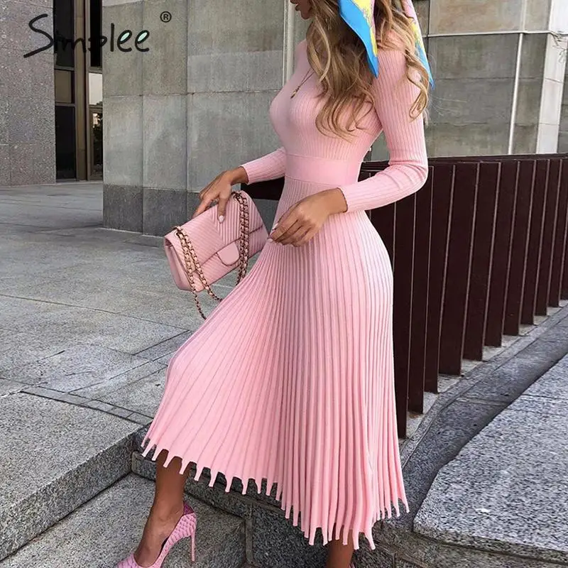 Simplee Solid striped knitted dress Women o neck long sleeve elegant bodycon dress Female color pleated autumn winter sexy dress Simplee Solid striped knitted dress Women o neck long sleeve elegant bodycon dress Female color pleated autumn winter sexy dress