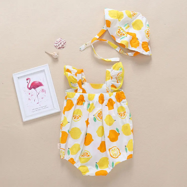Новейшая летняя одежда для новорожденных девочек и мальчиков из 2 предметов модная мультяшная подвеска с фруктами+ шляпа для маленьких девочек, прекрасный ребенок младенец - Цвет: AF004-O