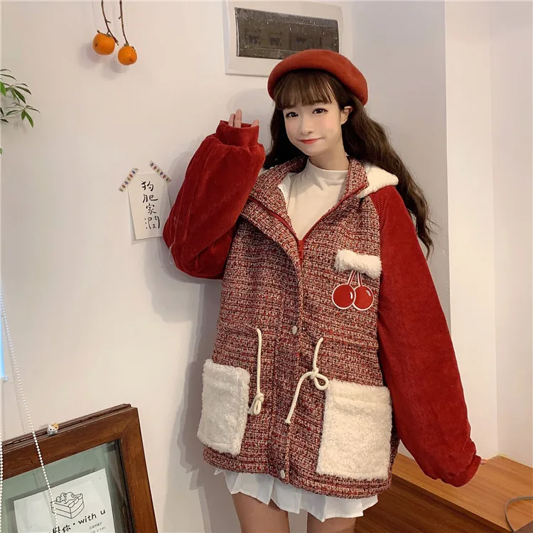 Зимняя Новинка, Женская куртка с имитацией овечьей шерсти, японская милая куртка с хлопковой подкладкой с вишней, утепленная хлопковая одежда, консервативный стиль