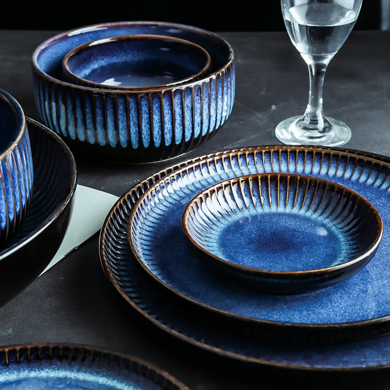 ANTOWALL Creative Nordic ceramic plate blue stripe flat plate household ceramic western pasta steak