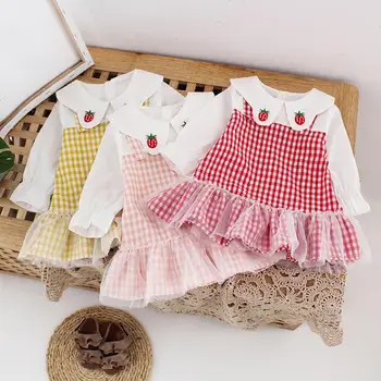 

Baby Girls Dress Long Sleeves and Turn-down Collar Plaid Skirt with Mesh Decor Children Kids Baby Infant Dress