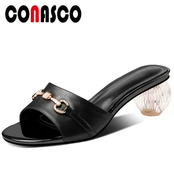 

CONASCO Summer New Casual Women Genuine Leather Sandals Slippers Pumps Peep Toe Rhinestone Chain Thick High Heels Shoes Woman