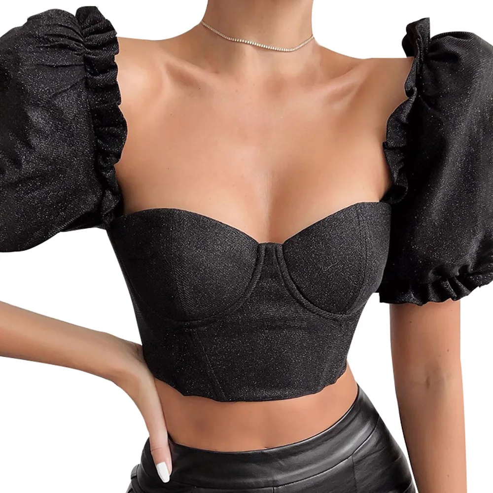 Glitter Sliver Square Collor Women Tops and Blouses Shirt Ruffles Short Cropped Female Black Puff Sleeve Slim Streetwear |