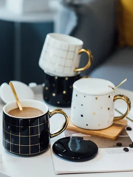 

300ml Nordic Style Polka Dot Coffee Mugs Simple Design Ceramic Milk Water Cup Check Polka Pattern Cups with Lid and Spoon