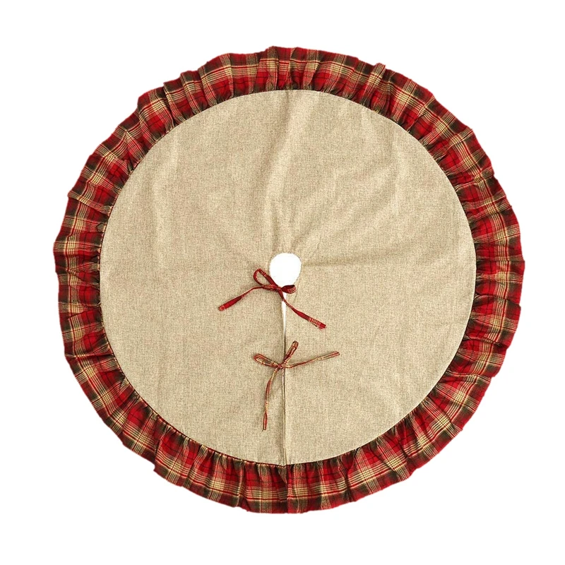 

122CM Christmas Tree Skirt Red Black Plaid Ruffle Edge with Linen Burlap Bowknot Christmas Tree Stand Mat Tree Skirt