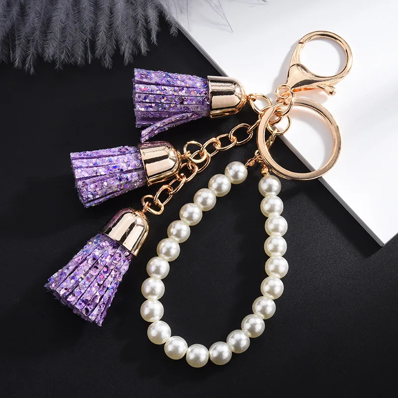 2019 New Candy Color Gold Sequins Tassel Keychain Bright Powder Pearl Chain Pendant Gifts for Women Accessories key Ring | Украшения и