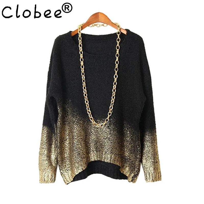 

Women Winter Sweater 2019 Woman Clothing Autumn Female Pullovers Knitted Black Batwing Sleeve Gold Gradient Hem Sweater SA352