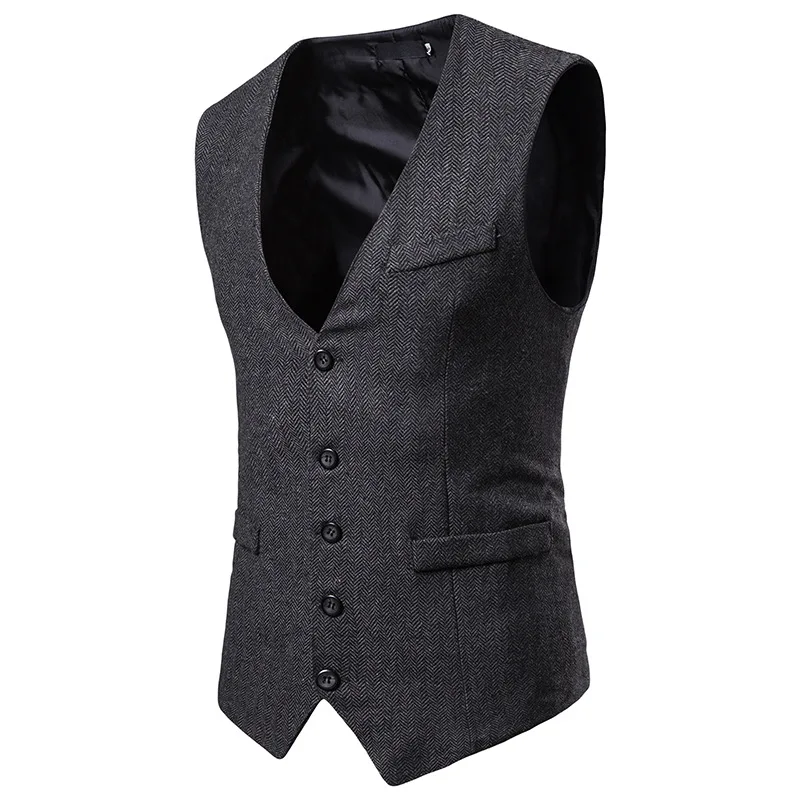 Herringbone Tweed Mens Waistcoat Formal Business Casual Slim Fit Vests for Men Retro British