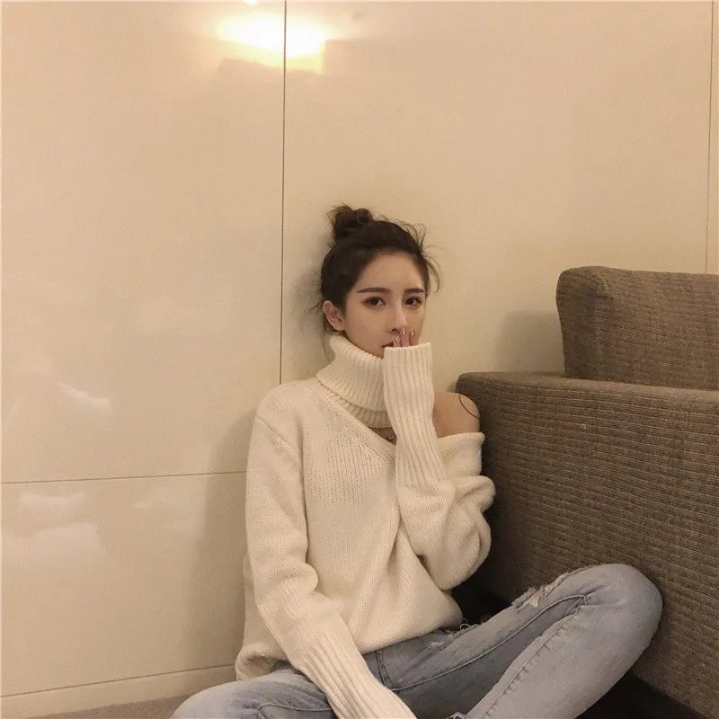 Korean Chic Scarf Collar Women Sweaters Vintage Solid Long Sleeve Knitted Pullovers Sexy Off Shoulder Sueter Mujer