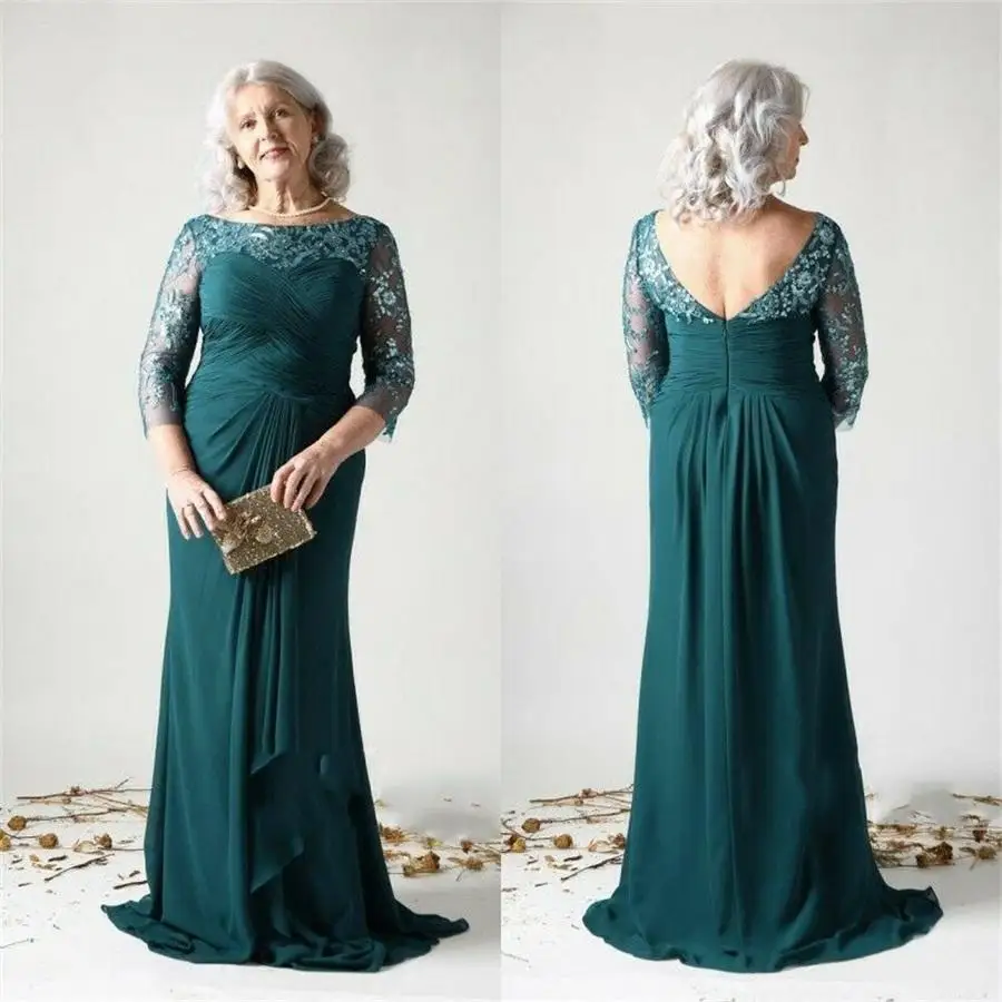 

Elegant Hunter Plus Size Mother Of The Bride Dresses Lace Applique Sequined 3/4 Long Sleeve Sweep Train Evening Gowns