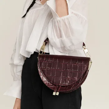 

Luxury Alligator Leather Saddle Bag Women Shoulder Bags Small Round Handbag Autumn And Winter Crossbody Messenger Bags