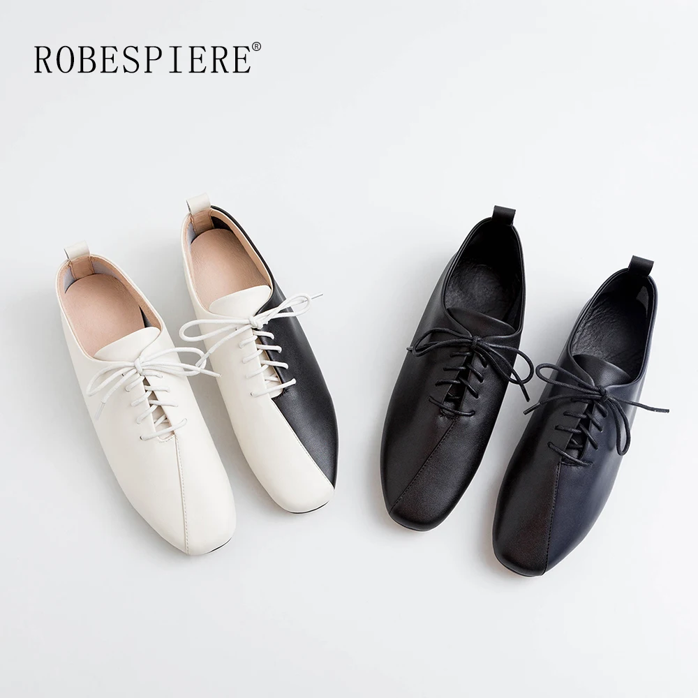 ROBESPIERE/женская повседневная обувь на плоской подошве из мягкой натуральной кожи; Разноцветные женские туфли-оксфорды; модная обувь на шнуровке; большие размеры 34-43; A111