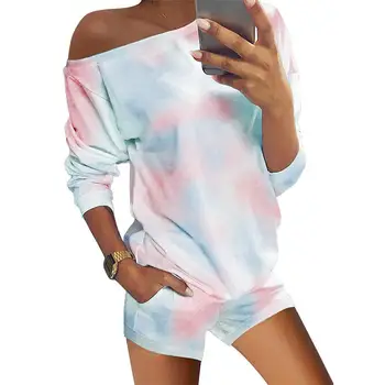 

Women's Tie-Dye Two-Piece One Shoulder Long Sleeve Tops Shorts Home Pajamas Sets Ladies Pullover Casual Loose Pajama Suit