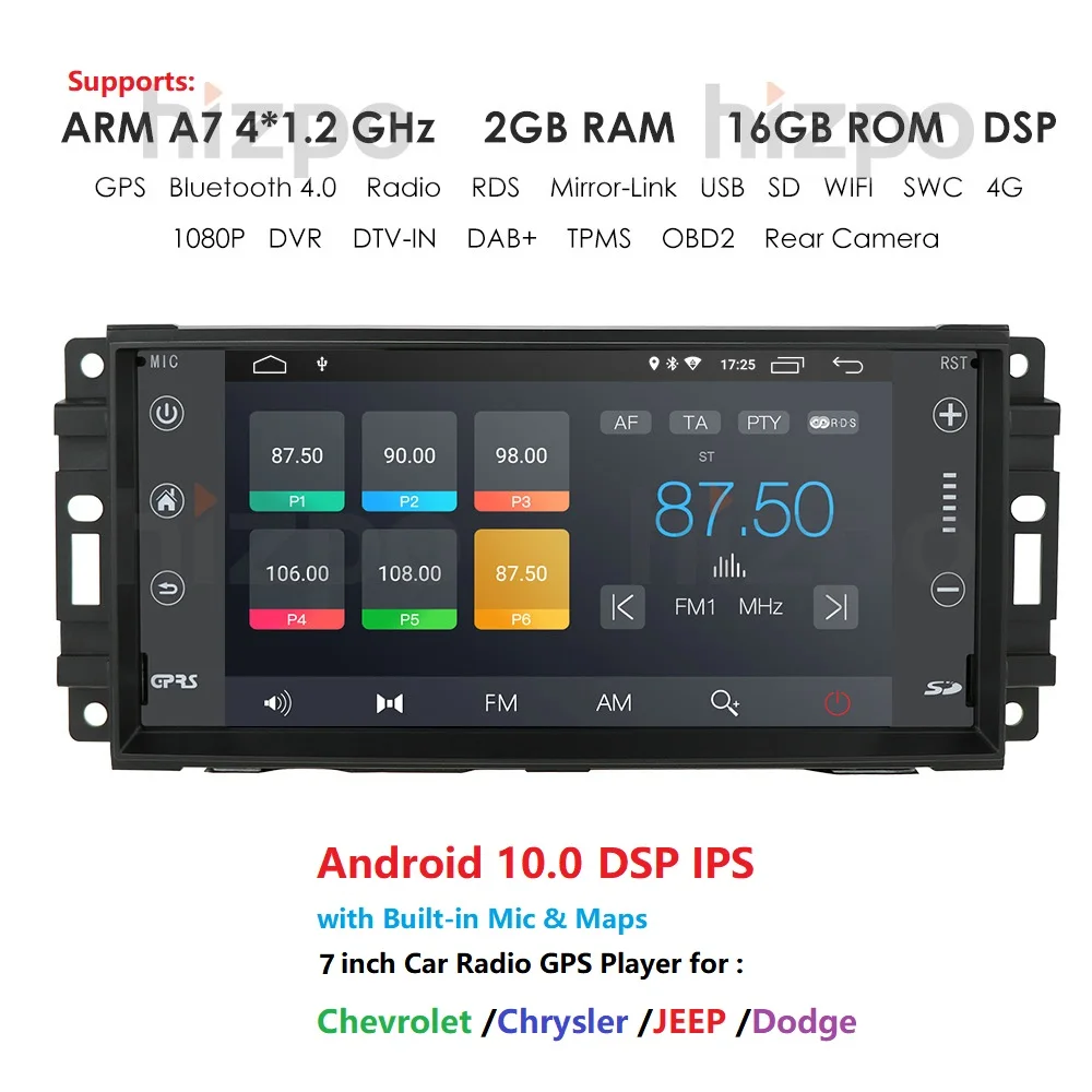 Car Multimedia Player for Jeep Wrangler JK Dodge Ram Challenger GPS Nav Player Head Unit Android 9.0 Car Stereo Single Din Radio