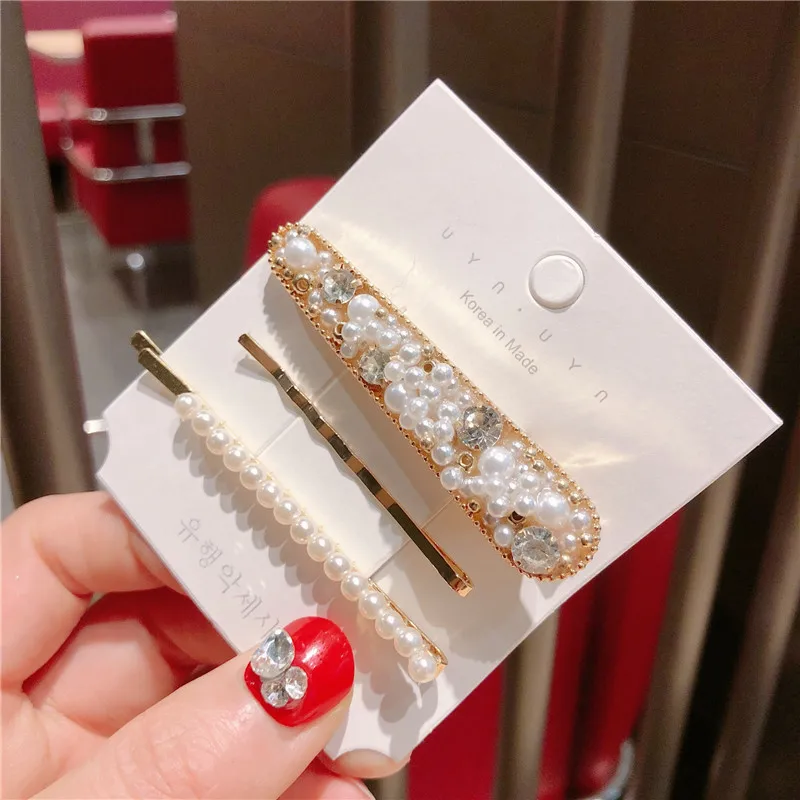 Корейская Мода Новые Хрустальные Стразы розовые в форме сердца заколки для волос Металлические имитирующие жемчужные геометрические капли воды золотые заколки для волос