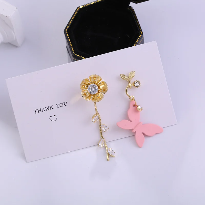 

2020 Korean Elegant Pink Butterfly Crystal Leaf Flower Drop Earrings For Women Girls Asymmetric Holiday Pendientes Jewelry